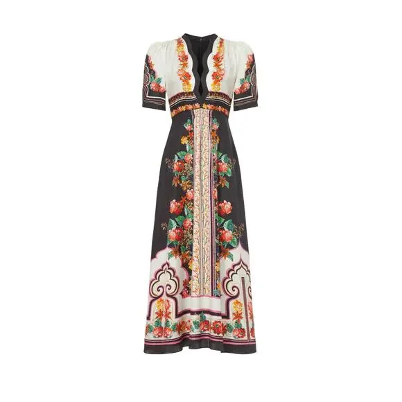 SALONI Tabitha 100% Silk Black Red A-Line Skirt Cutout Scalloped Bodice Dress 8 - Picture 1 of 15